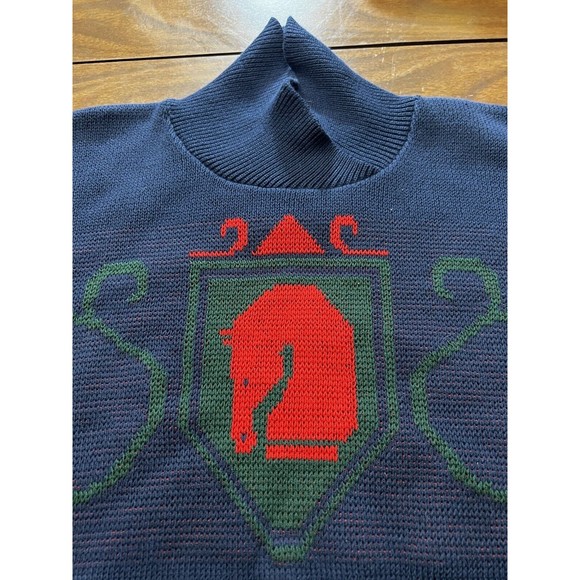 Vtg Pendleton Womens Horse Crest Mock Turtleneck Sweater Blue Red Sz M - Picture 3 of 10